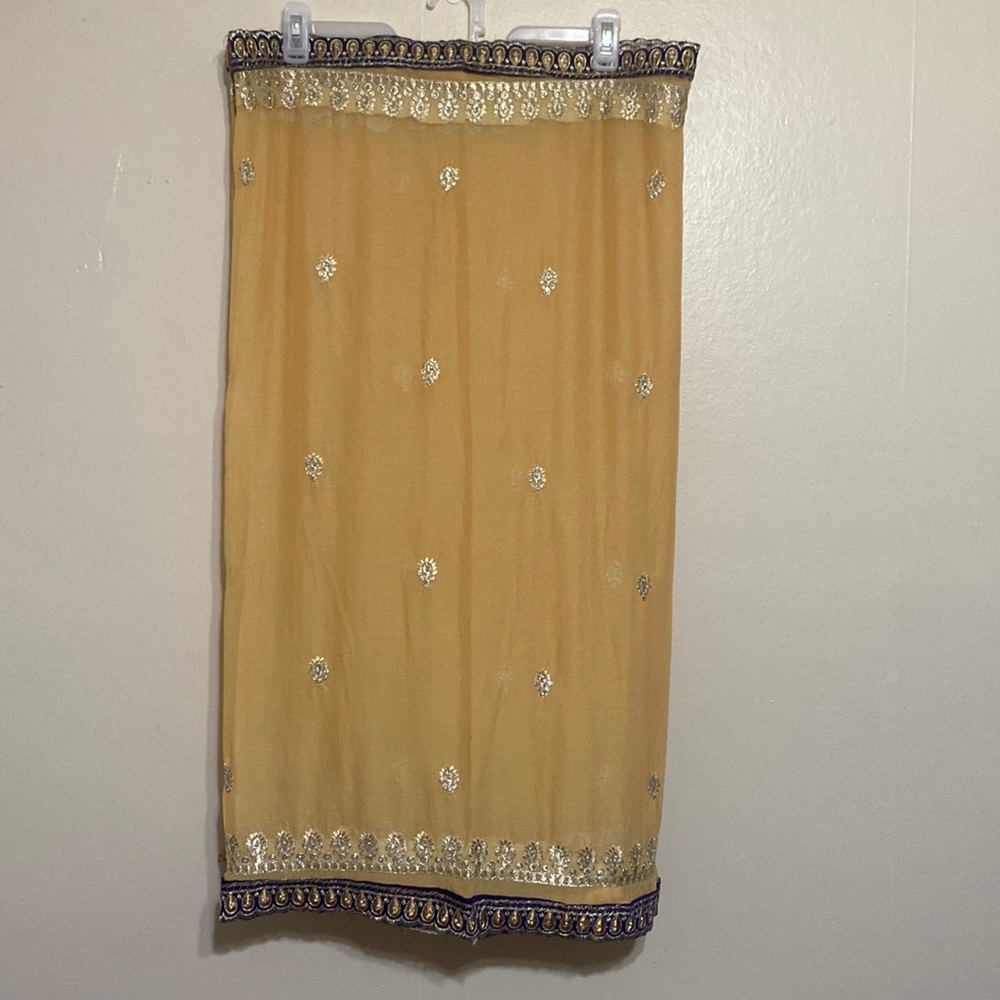 Saree mustard color with blue and gold accent